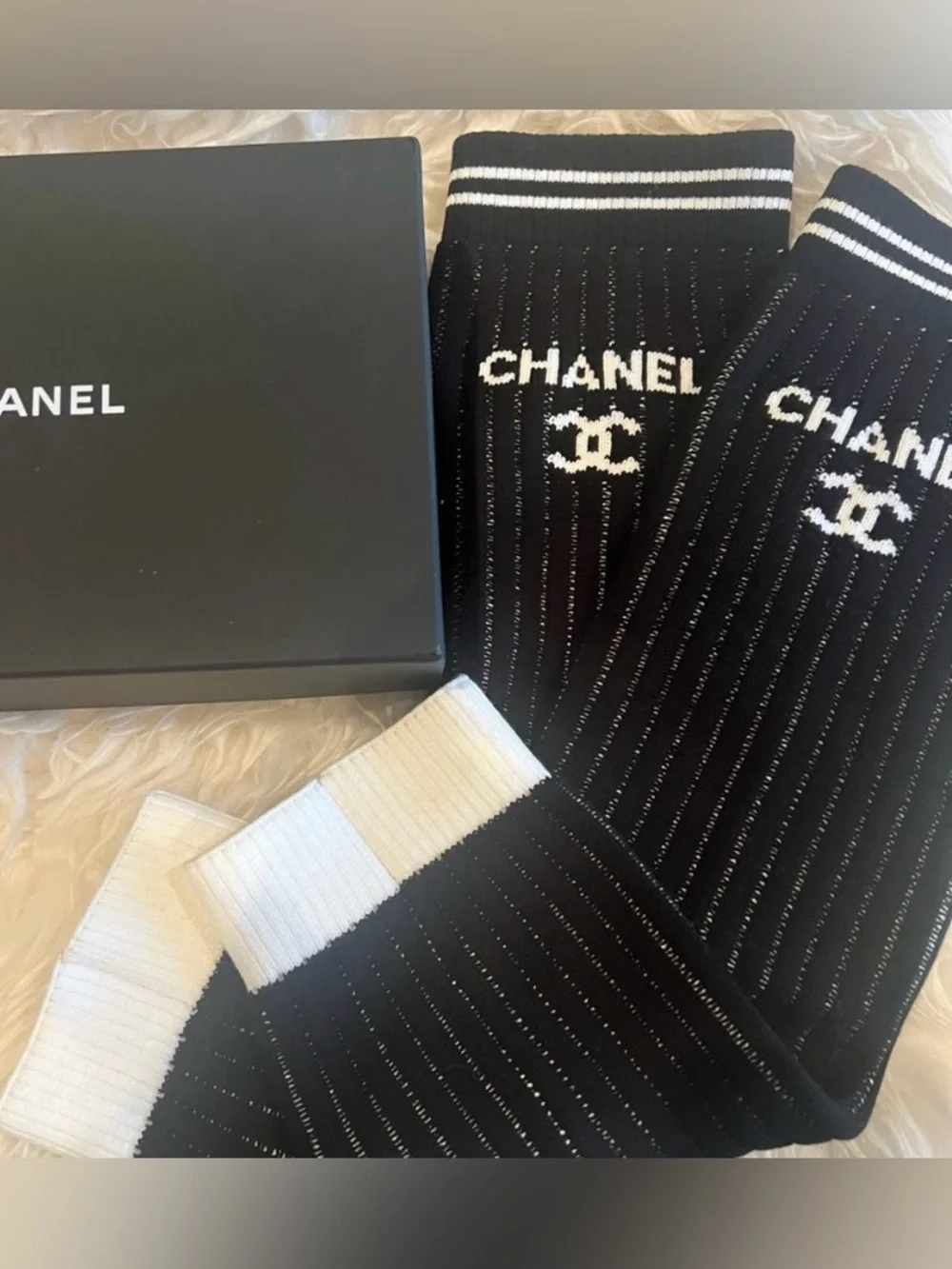 NEW ChaneI  Black and White Knit Logo Leg warmers / Gaiters
